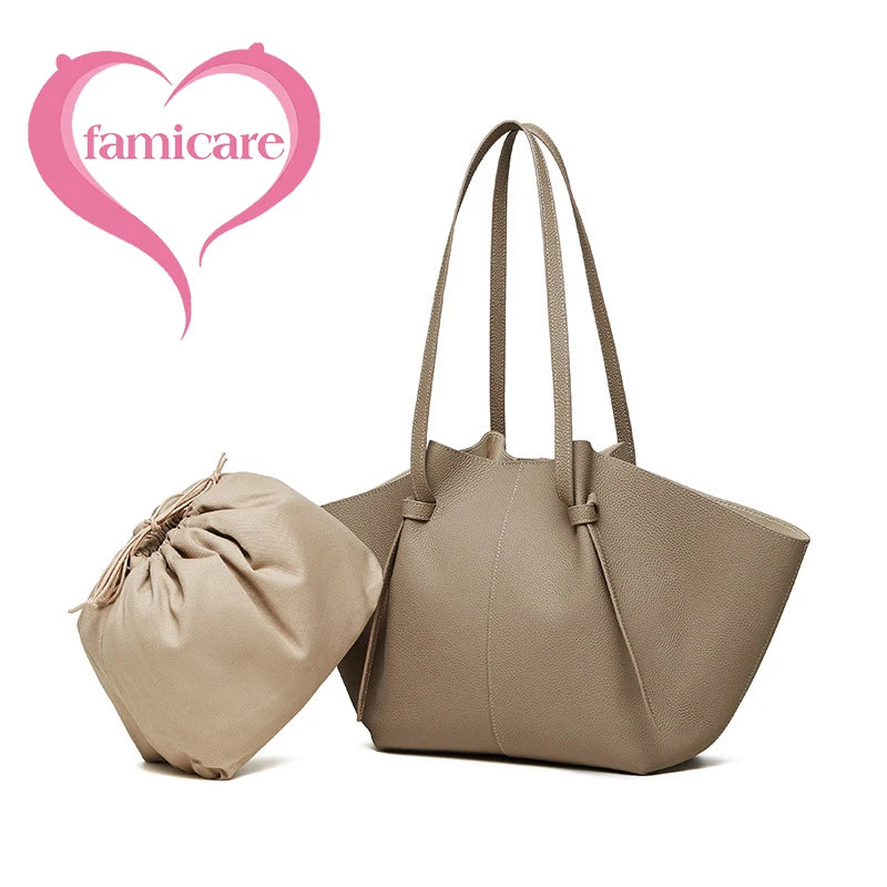 New Women's Large Capacity Cowhide Tote Fashionable Bat Wing Design Genuine Leather Handbag for Commuting Versatile Ladies Bag