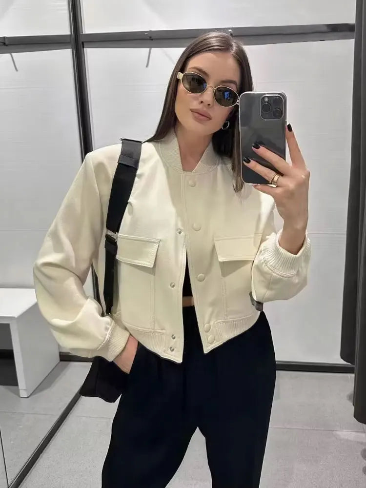 Women’s Vintage Utility Bomber Jacket – Chic Button-Down Outerwear