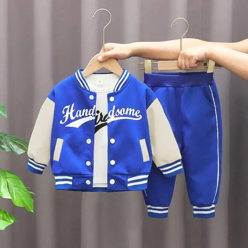 Boys' 3-Piece Autumn Letter Jacket & Striped Sweatpants Set