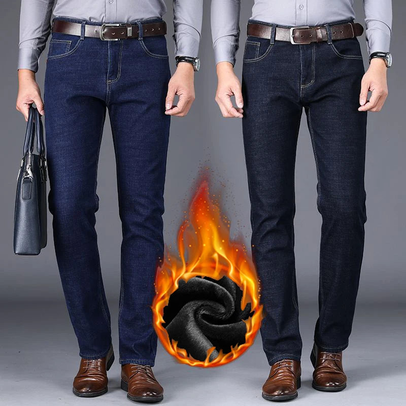 Men Autumn Winter Fleece Lined Thickened Jeans Male Business Straight Leg Loose High Waist Denim Pants Stretch Casual Trousers