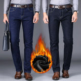 Men Autumn Winter Fleece Lined Thickened Jeans Male Business Straight Leg Loose High Waist Denim Pants Stretch Casual Trousers