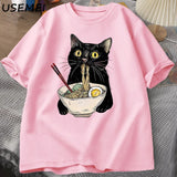 Noodle Ramen Cat T-Shirt Foodie Lover T Shirts Black Cat Noodle T-Shirts Retro Casual Short Sleeve Tshirt for Men Women Clothes