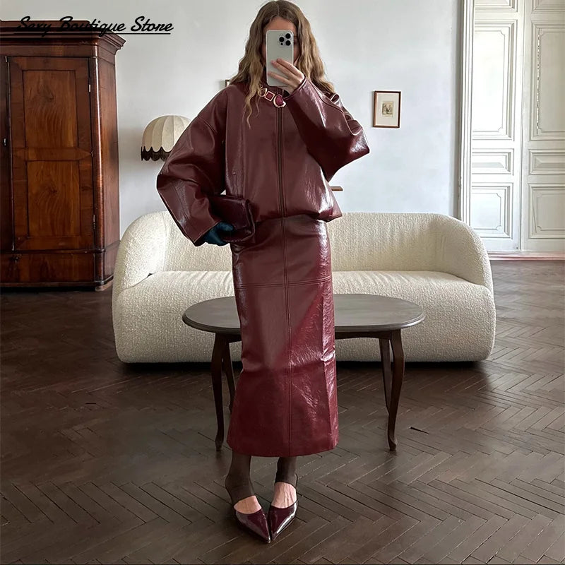 Pu Leather Jacket Skirt Sets Stand Collar Loose Coat Low Waist Solid Long Skirt Autumn Coats Skirt Sets 2025 New Lady Outfits