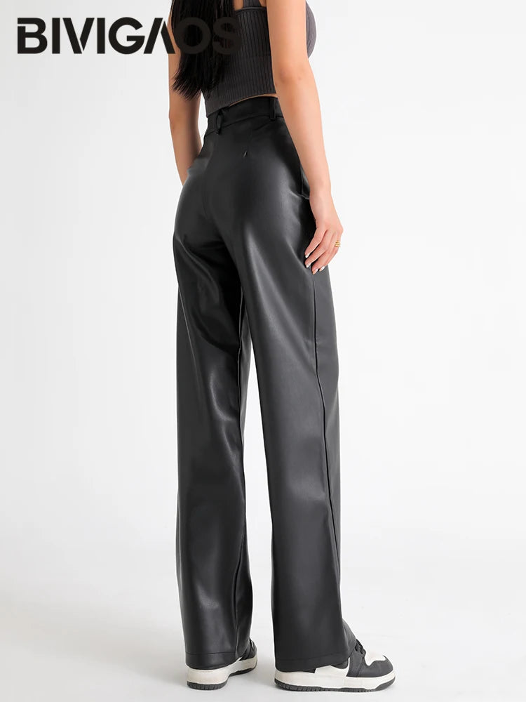 Women's High Waist Faux Leather Wide Leg Fleece Pants