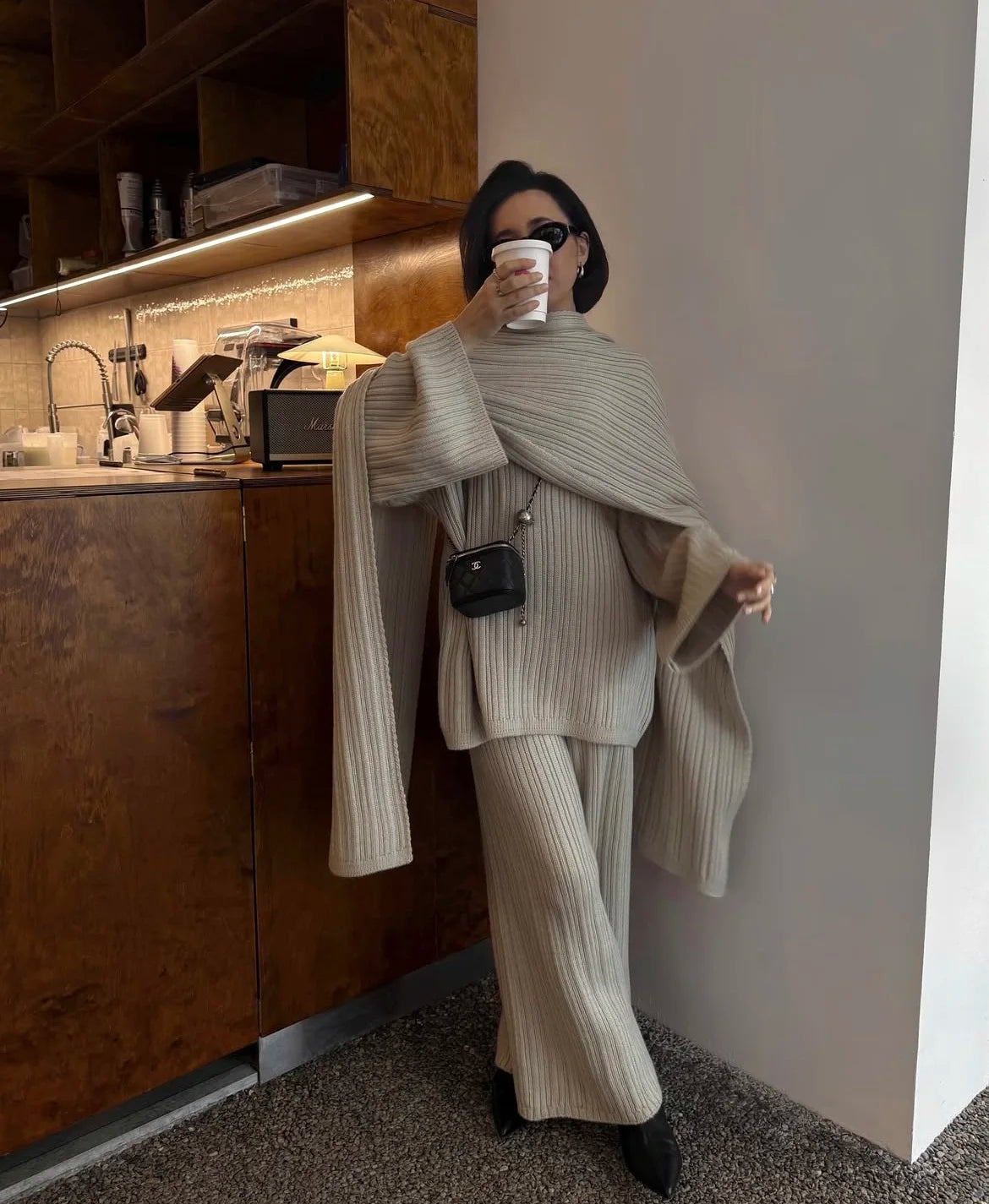 Hirsionsan Soft Elegant Vintage Women Suits 3 Pieces Female Sets O Neck Sweater & Wild Leg Pants with Scarf Knitted TrackSuit