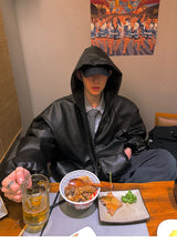 Men’s Oversized Hooded Faux Leather Jacket
