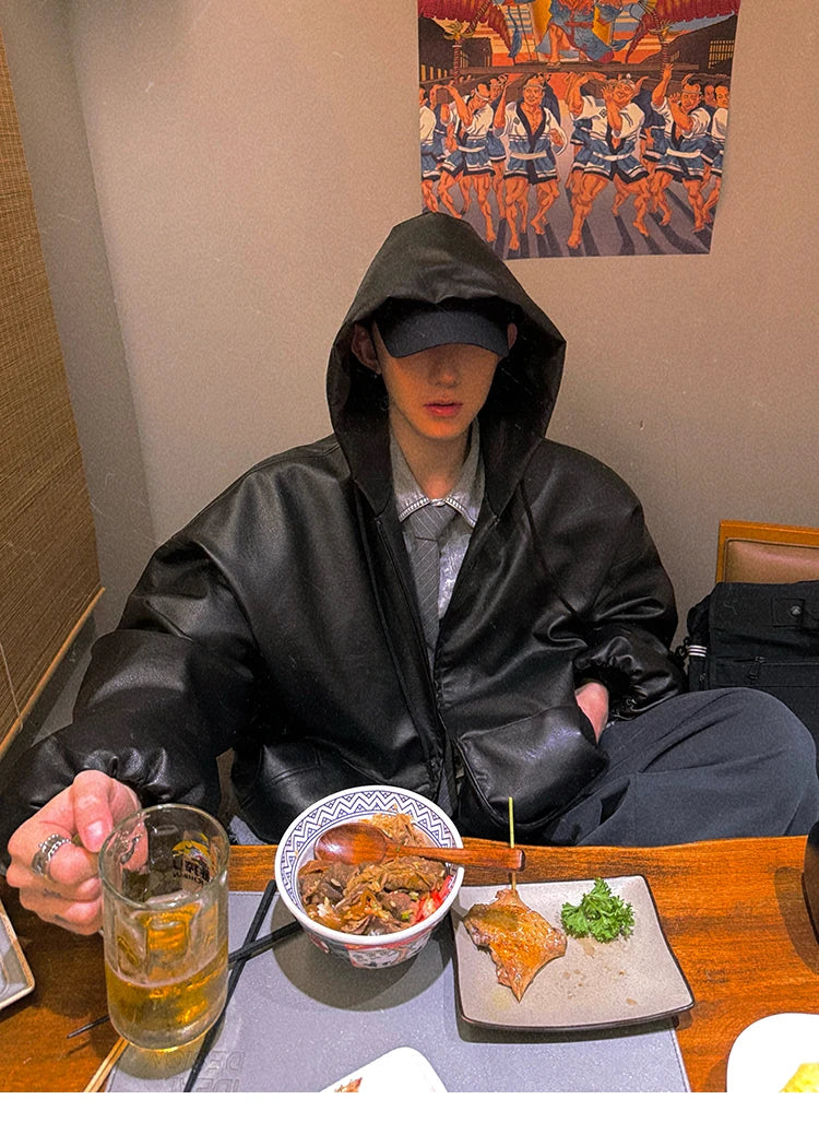 Men’s Oversized Hooded Faux Leather Jacket
