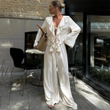 Linad Casual Loose Apricot Outfits Fashion Ruffles Flare Sleeve Blouse With High Waist Pant 2 Piece Sets Summer Long Pants Suits