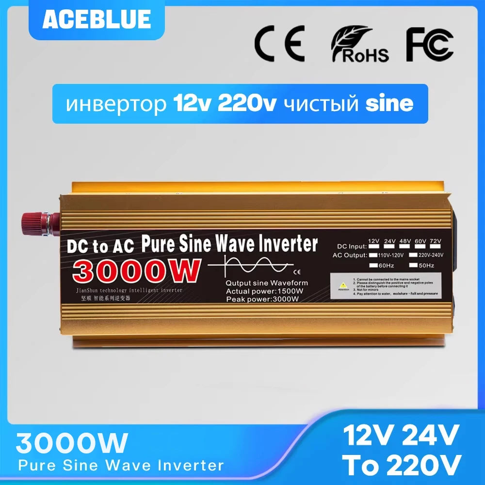 Pure Sine Wave Inverter 12V/24V to 220V | 1600W–3000W