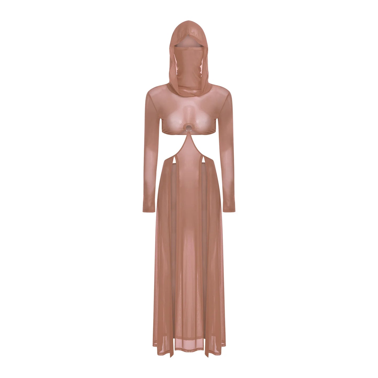 Women’s Hooded Mask Sheer Maxi Dress
