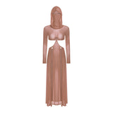 Women’s Hooded Mask Sheer Maxi Dress
