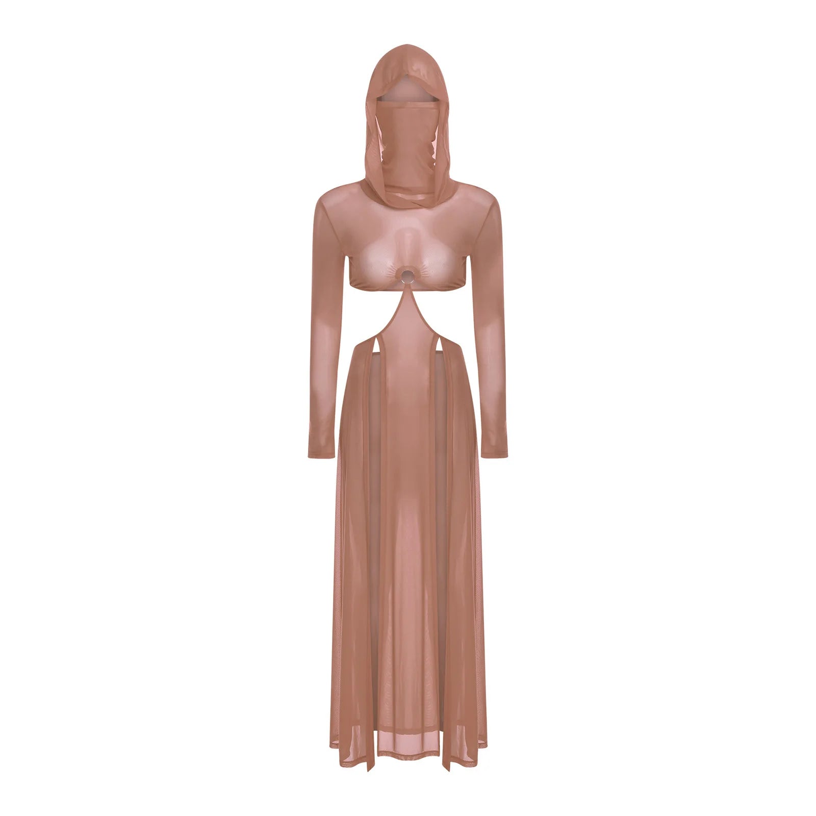 Women’s Hooded Mask Sheer Maxi Dress