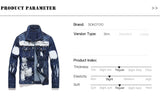 Men Graffiti Denim Jacket Casual Letters Printed Stretch Blue Jean Coat Slim Fit Lapel Collar Long Sleeve Outerwear