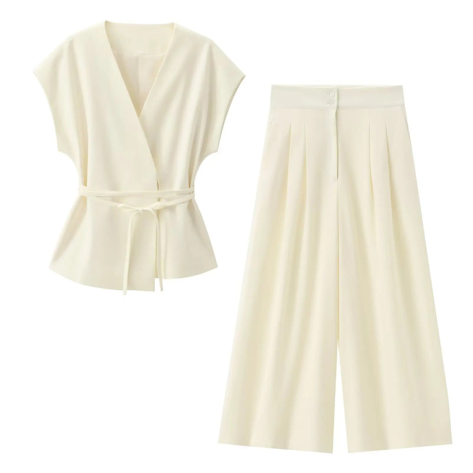 2-Piece Sleeveless V-Neck Trouser Set with Belt – Summer Commuter Wide Leg Suit