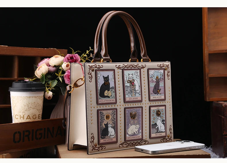 Vintage Luxury Leather Tote – Designer Cat Embroidery Shoulder Bag