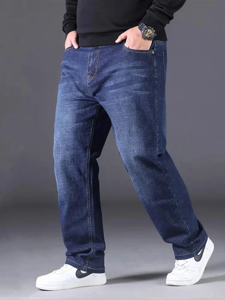 Plus Size Men's Jeans 10XL(160kg) Straight Leg Stretch Denim Pants For 160KG Heavyweight Blue/Black Big & Tall Casual Trousers