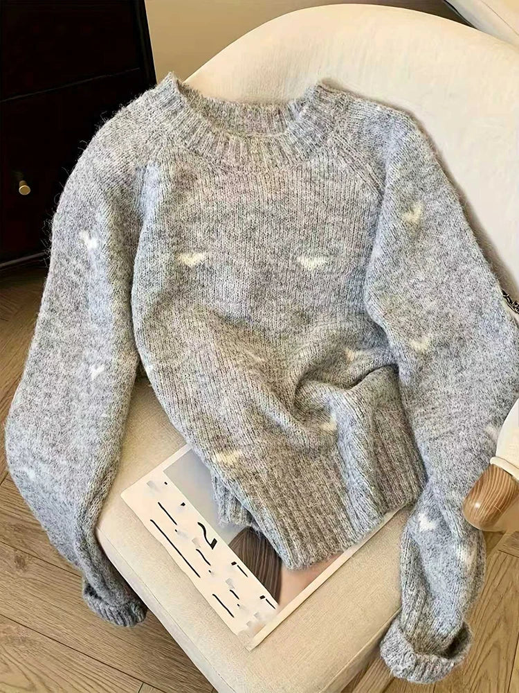 Women's Heart Print Round Neck Sweater