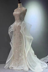 Elegant Sparkling Halter Evening Gown with Beading & Sweep Train