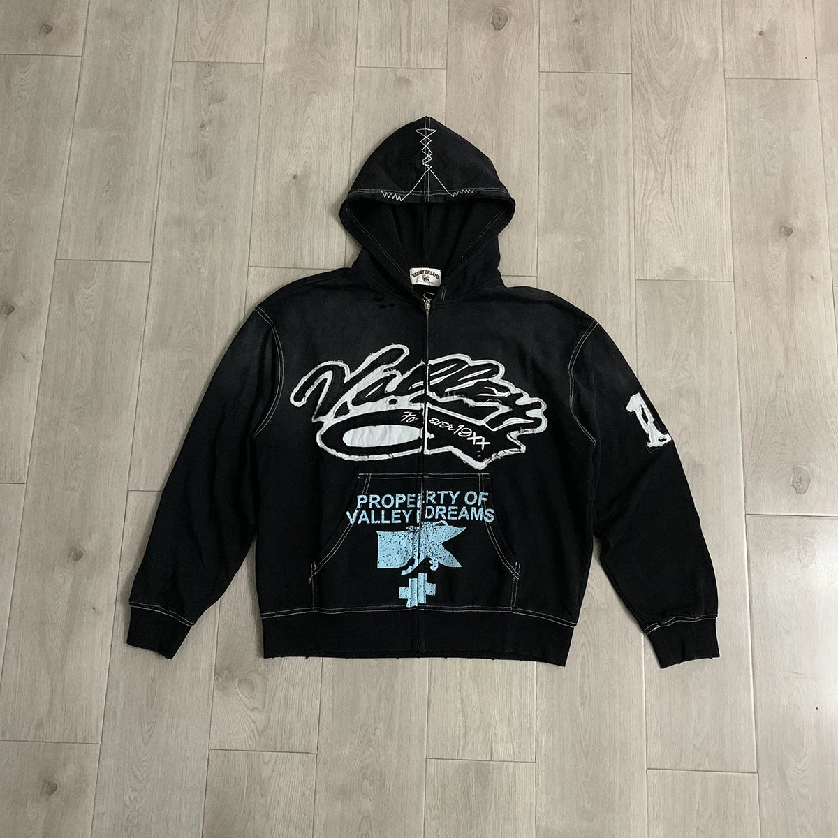 Streetwear Patchwork Letter Embroidery Zipper Terry Hooded Hoodie for Men Distressed Hole Cardigan Sweatshirt Jacket Oversized