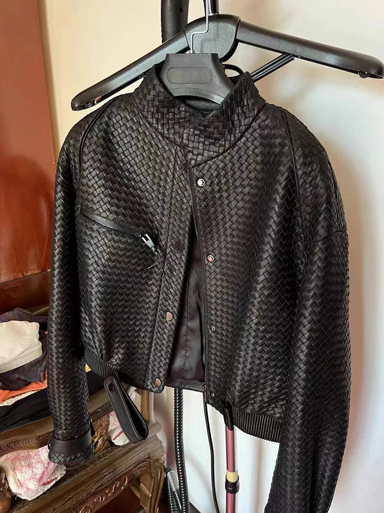 Natural Sheepskin Coat Women Autumn European and American Fashion Short Motorcycle Casual High Quality Hand-Woven Leather Jacket