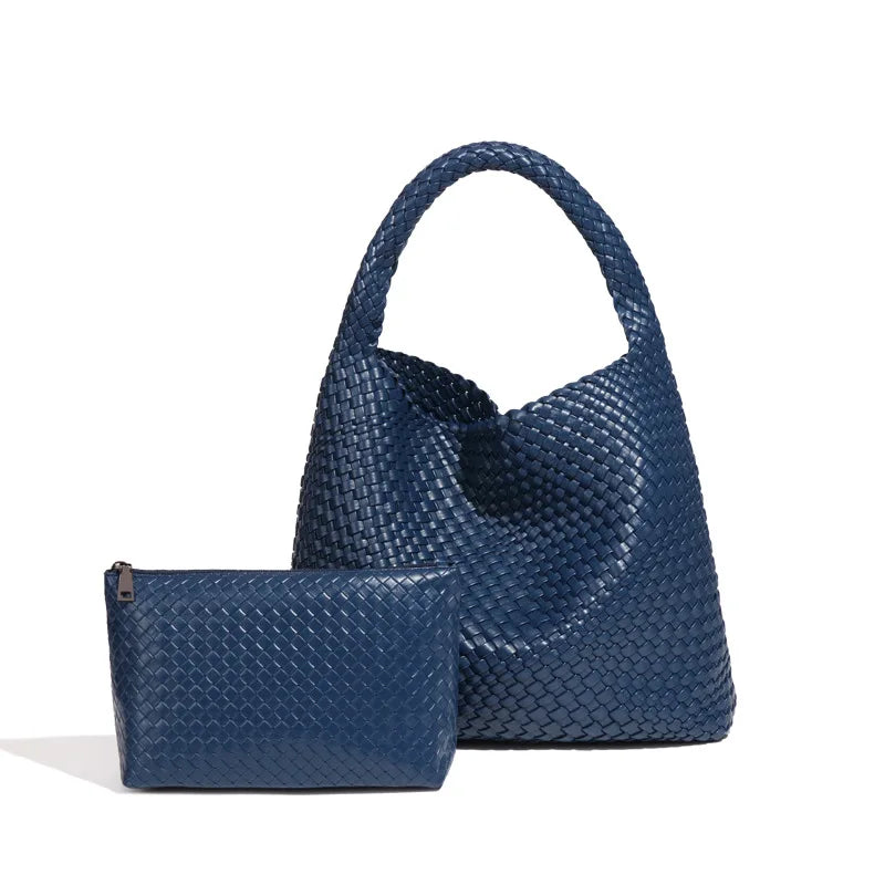 2025 Women Bag Luxury PU Leather Handbag Lady Fashion Handmade Knitting Tote Female Hand-woven Basket Shoulder Bag with Purse