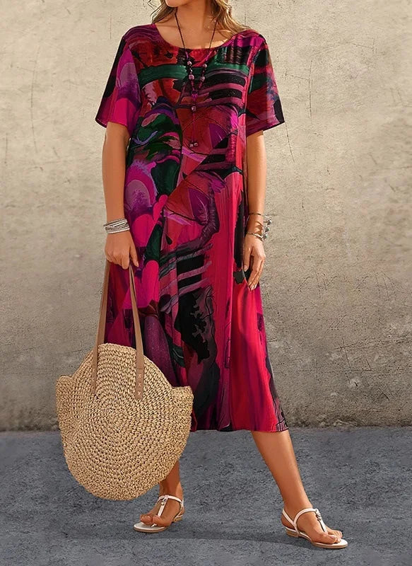 Plus Size Women's Summer Print Dress – Loose Fit Round Neck Casual Short Sleeve Midi