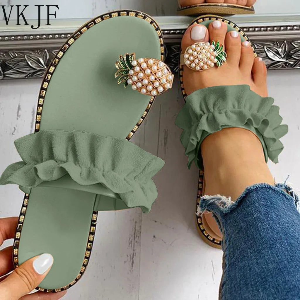 Women's Bohemian Flat Sandals — Pearl & Pineapple Detail Beach Slides