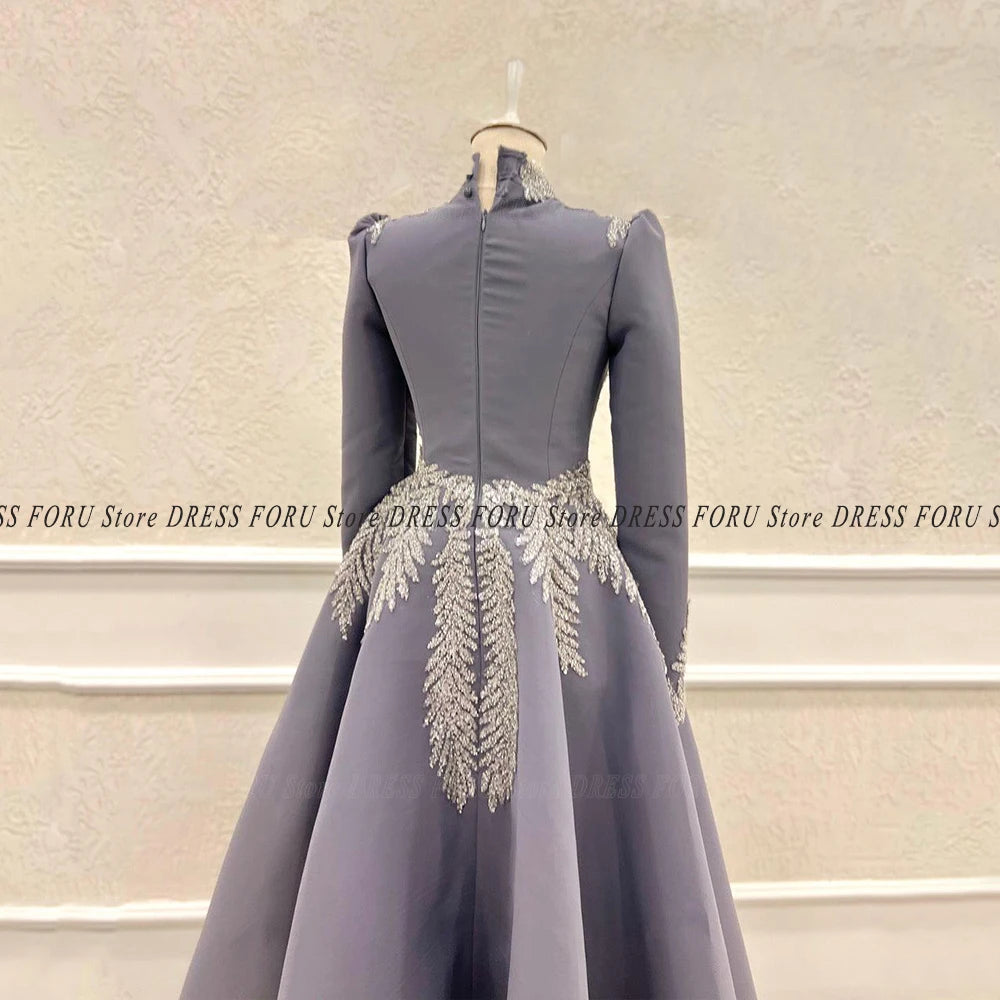 Elegant Muslim Evening Dress For Woman Luxury Long Sleeve Shine Bead Applique Formal Prom Wedding Party Custon Gown A Line