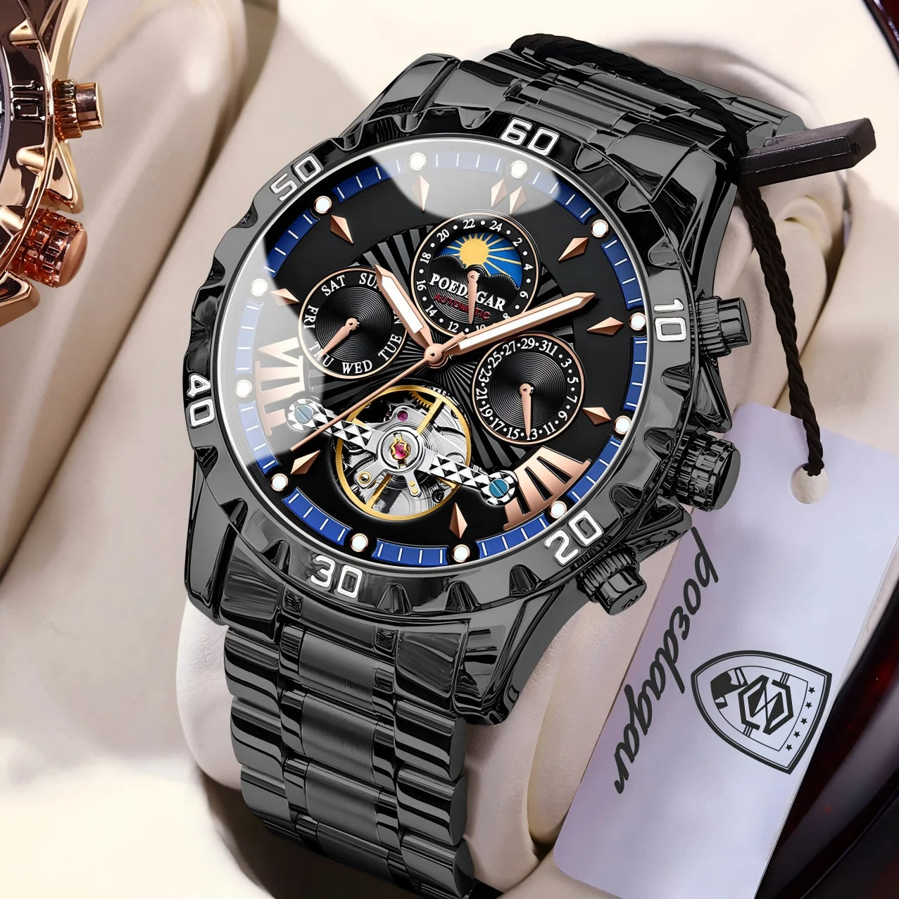 POEDAGAR Luxury Men Watch Luminous Waterproof Hollow Tourbillon Male Clock Week Date Business Automatic Mechanical Men's Watches
