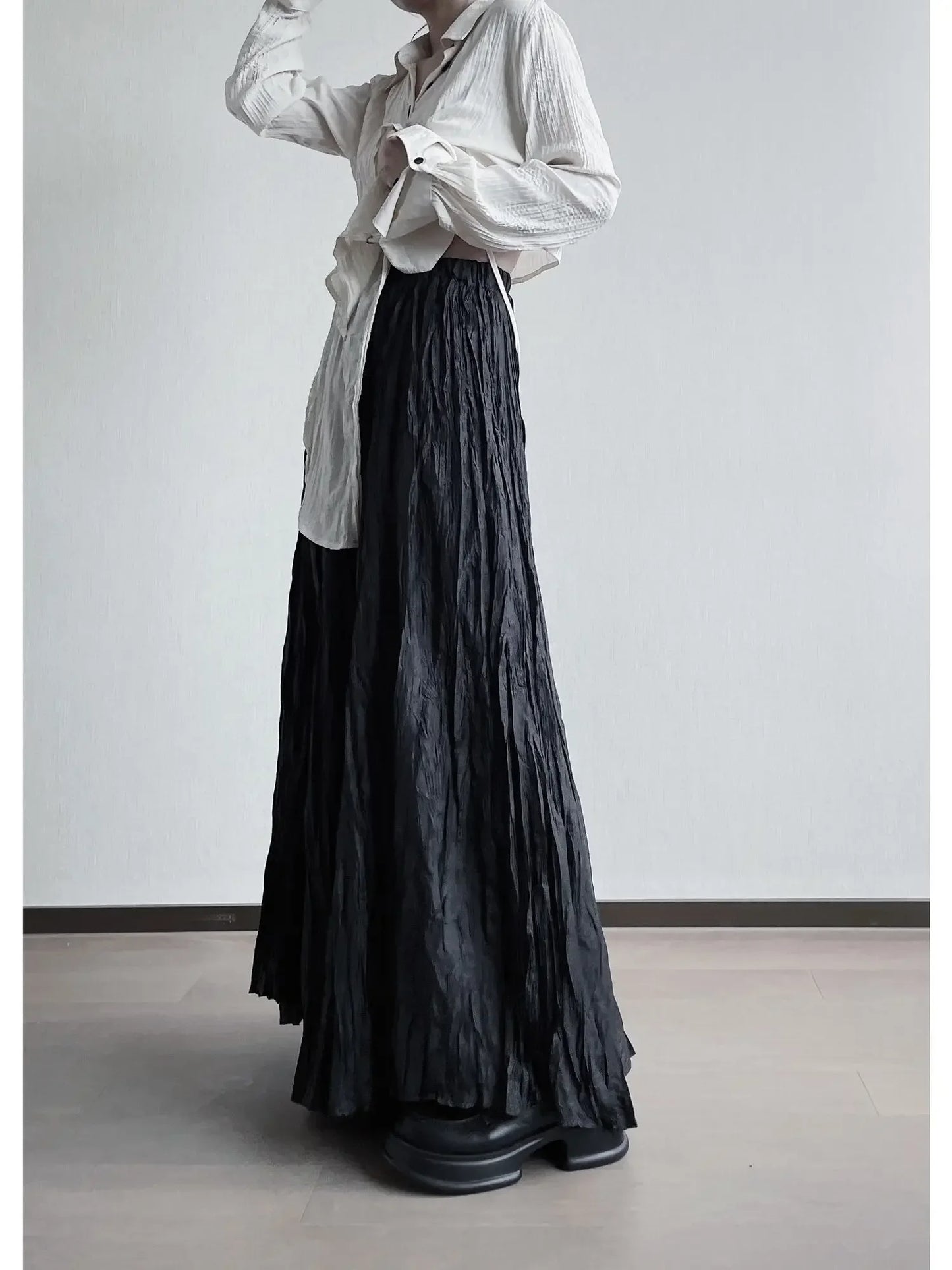 UMI MAO Irregular Fold Maxi Skirt – Elegant A-Line