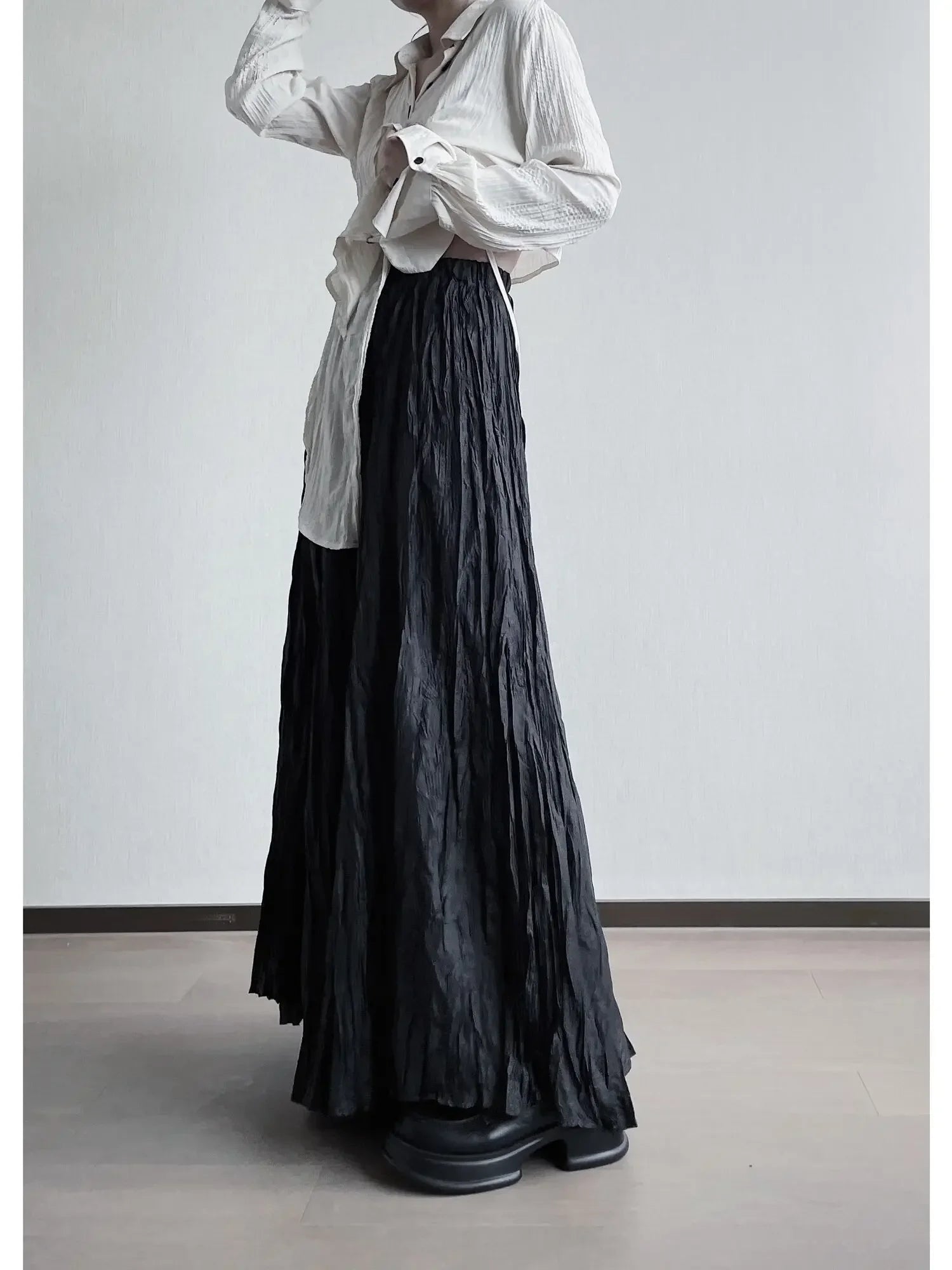 UMI MAO Irregular Fold Maxi Skirt – Elegant A-Line
