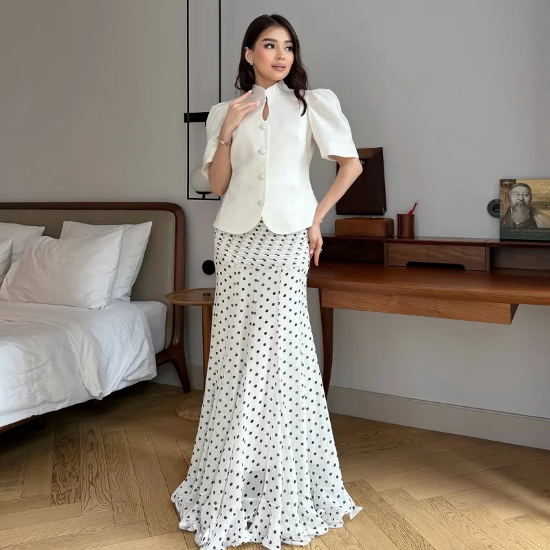 Women Polka Dot Print High Waist Maxi Skirt Elegant Ruched Mermaid Long Skirts 2026 Summer Casual Vacation Fashion  Outwear