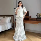 Women Polka Dot Print High Waist Maxi Skirt Elegant Ruched Mermaid Long Skirts 2026 Summer Casual Vacation Fashion  Outwear