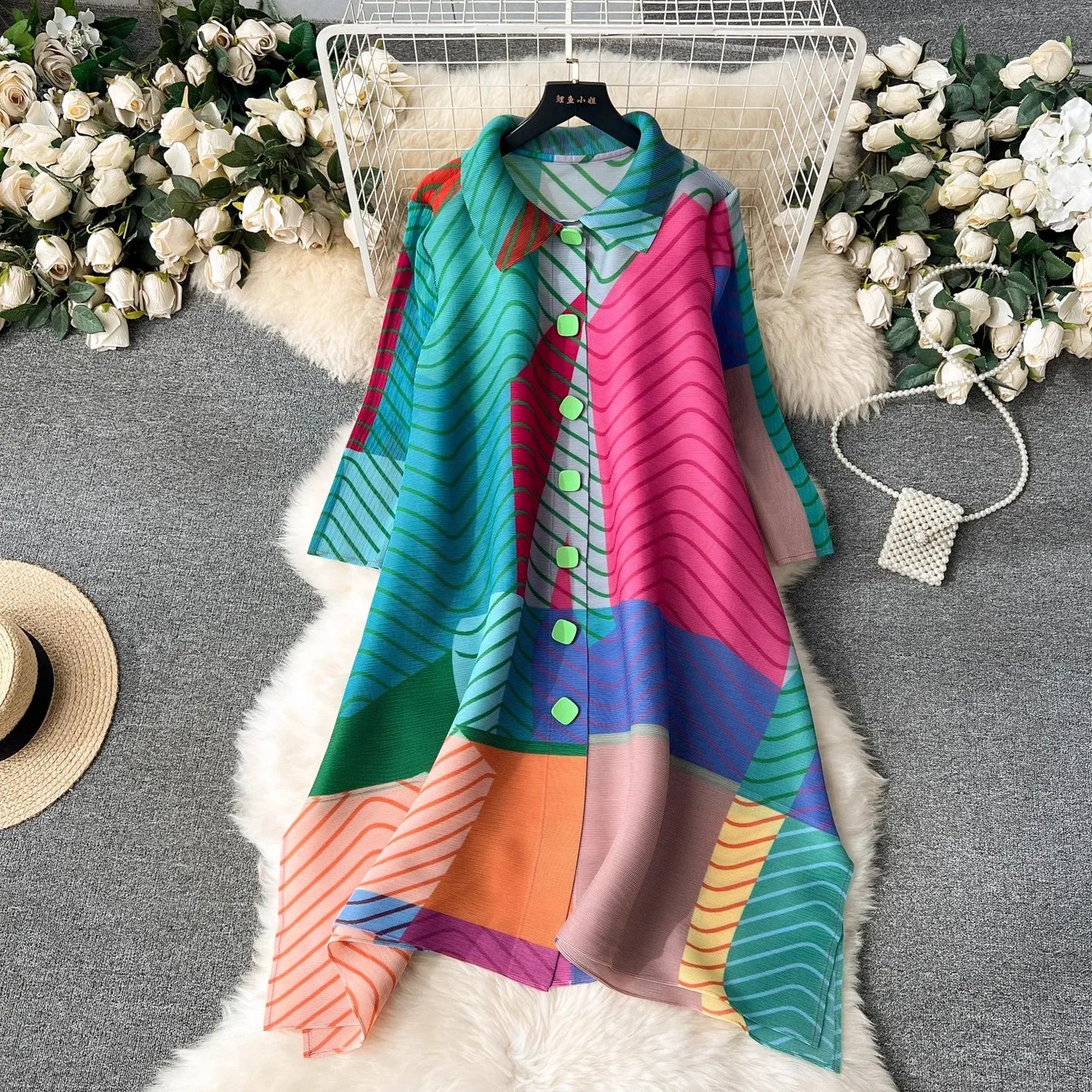 Miyake Pleated Drape Dress – Colorblock Print, 3/4 Sleeve