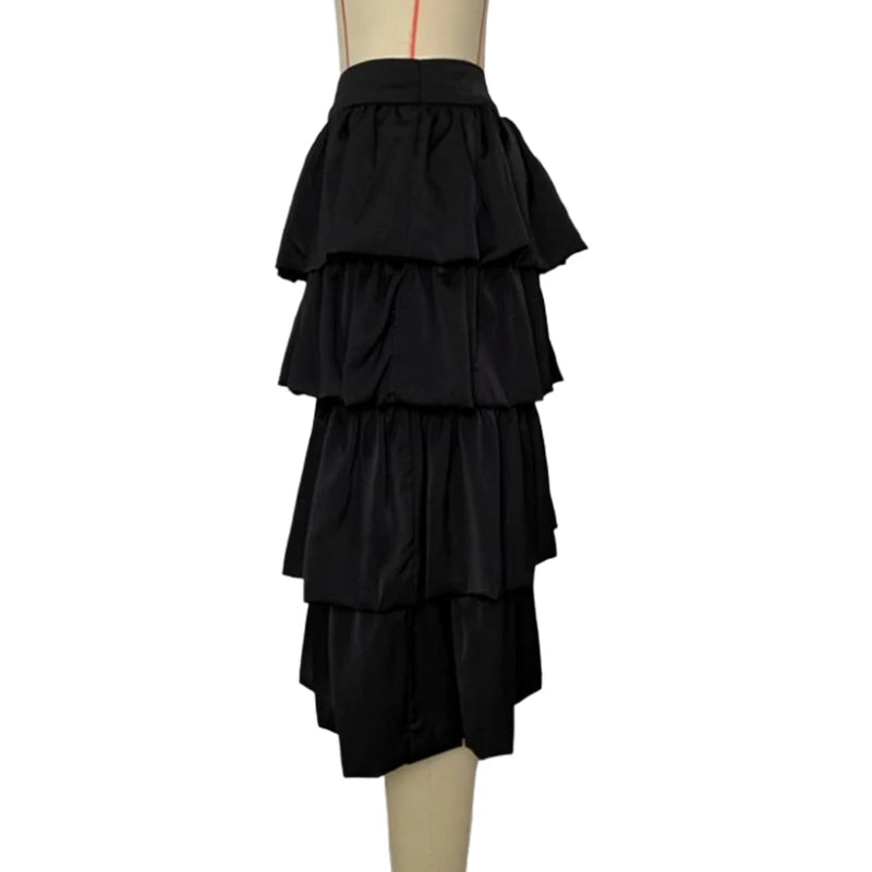 Women's Falbala Layered Elegant High-Waist A-Line Skirt - Black