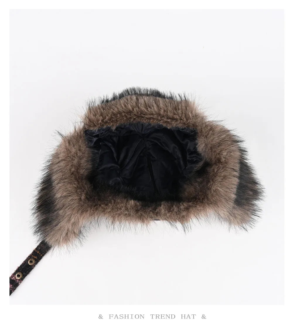 fashion Plaid tweed Bomber hat women ski cap winter hat faux fur pilot hat thickened warm ear protection hat versatile털모