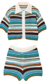 Women Patchwork Striped Hollow Out Crochet Knitted Crop Sweater Shorts Set Short Sleeve Polo Collar Sweater Knit Shorts Suit Y2K