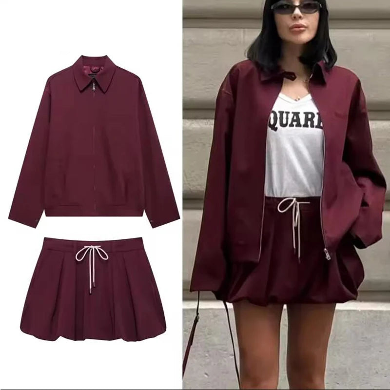 Casual Women 2 Pieces Sets Waist Lace Up Lantern Edition Mini Skirt Sets Solid Pocket Decorative Jacket Top Women's Set