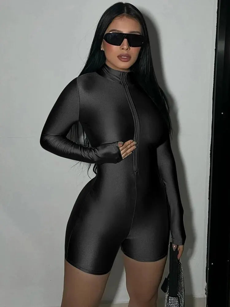 Long Sleeve Zip-Up Bodycon Romper