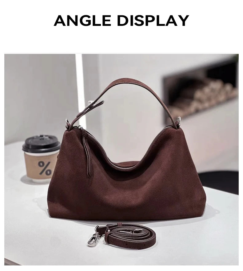 Russian Women's Genuine Suede Cowhide Leather Shoulder Bag Retro Frosted Cow Large Capacity Versatile Commuting Luxury Designer