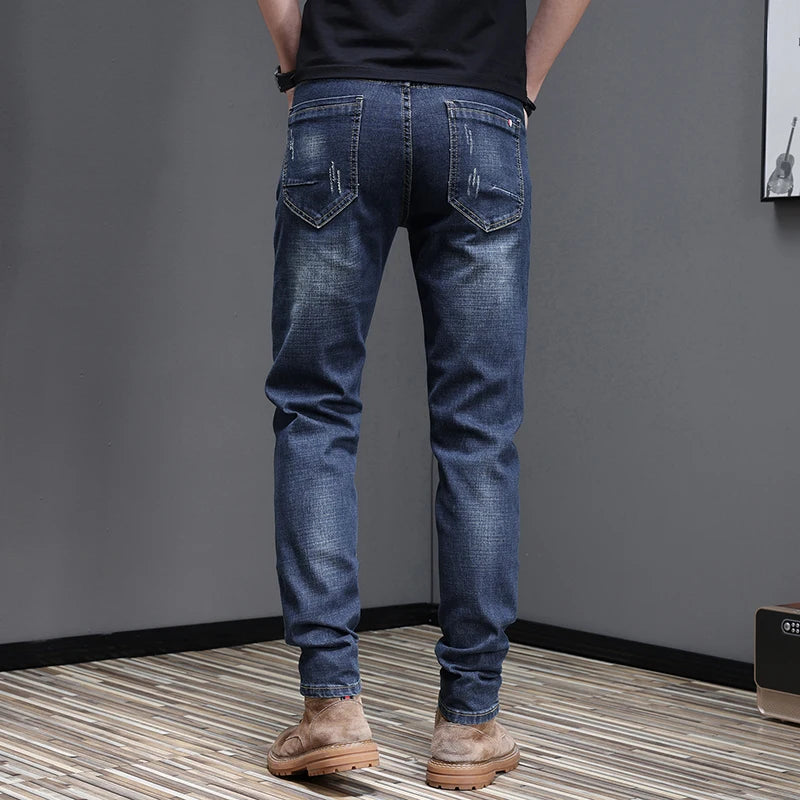 Embroidered Jeans Men's Autumn Winter New Korean Fashion Slim Little Feet Trousers Stretch Vintage Street Denim Trousers Male