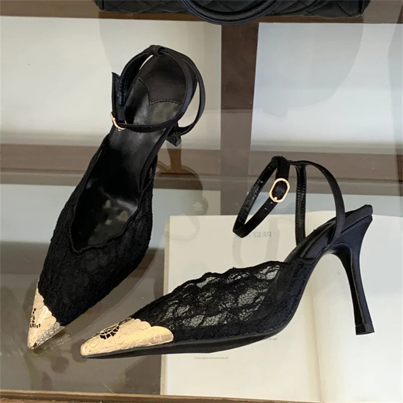 Aneikeh Pointed Toe Slingback Pumps – Floral Lace Heels
