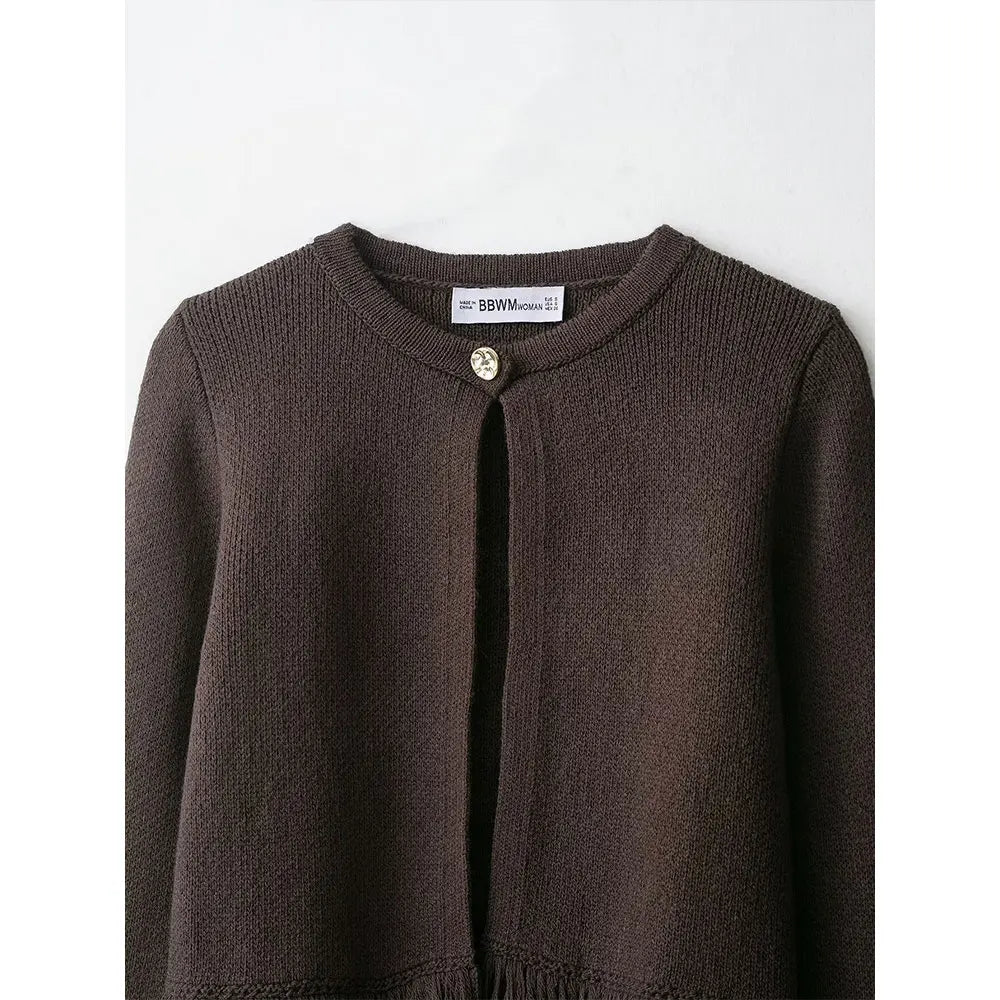 Vintage Tassel Knitted Cardigan – Elegant O-Neck Long Sleeve Sweater (USA Made)