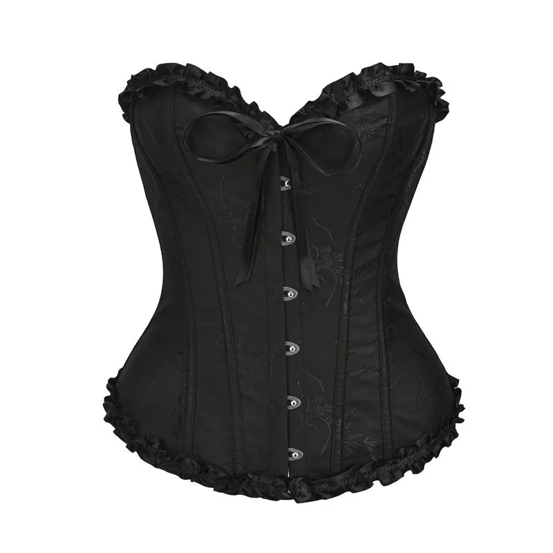 USA-Made Jacquard Ruffled Overbust Corset – Gothic Victorian Push-Up Bustier