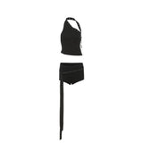 Nibber Sexy Hollow 3-Piece Set Women Hollow Biased Collar Backless Vests+Rivet Waistband+Simple Solid Shorts Slim Midnight Suits
