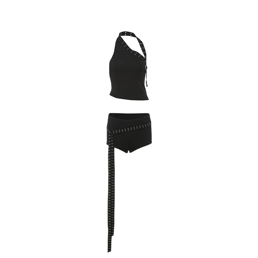 Nibber Sexy Hollow 3-Piece Set Women Hollow Biased Collar Backless Vests+Rivet Waistband+Simple Solid Shorts Slim Midnight Suits