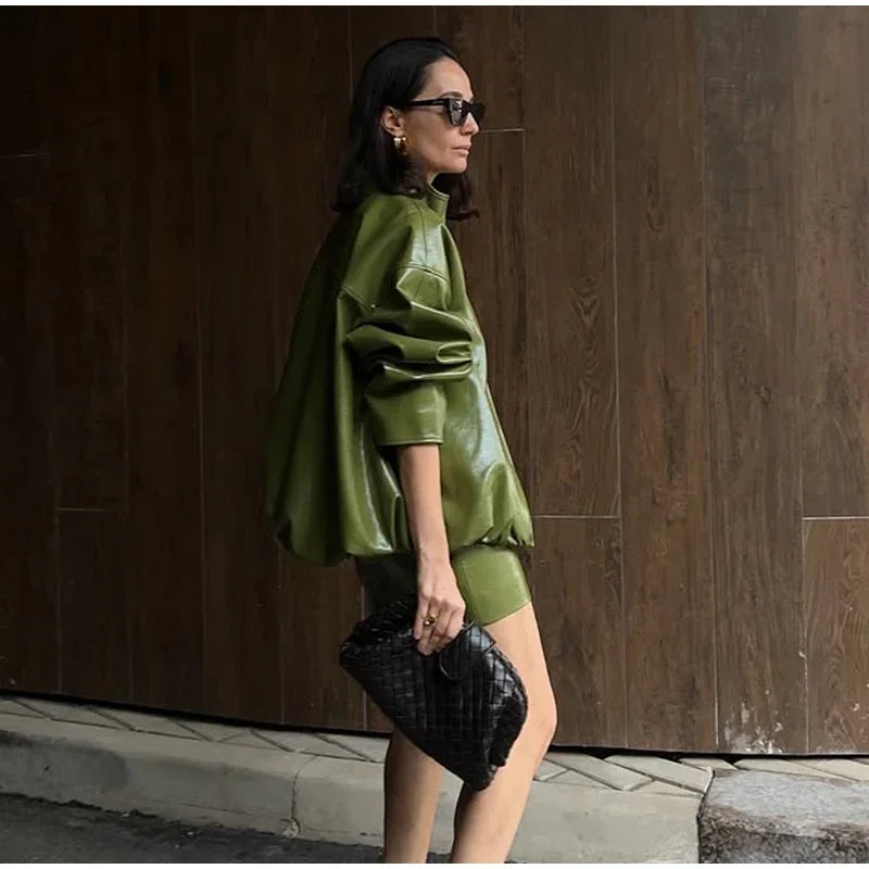 Vintage Green Leather Skirt Sets Women Fashion Solid Strapless Short Skirts Zipper Jacket Outfits Lady Daily Highstreet Outfits