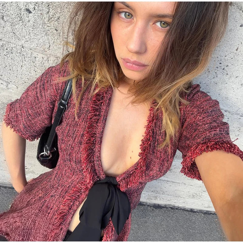 Vintage Fringed Fitted Shirts Women V Neck Short Sleeves Lace Up Ruffles Blouse Female 2026 Summer New Chic Fashion Tops Lady