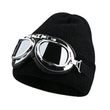winter Fuzzy White Knitted Beanie Hat with Glasses Outdoor Winter Skiing Windproof Thermal Skullies Bonnet Ski Goggles Decor
