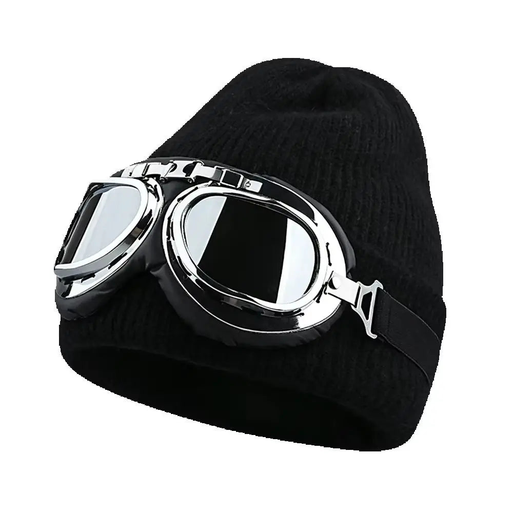 winter Fuzzy White Knitted Beanie Hat with Glasses Outdoor Winter Skiing Windproof Thermal Skullies Bonnet Ski Goggles Decor
